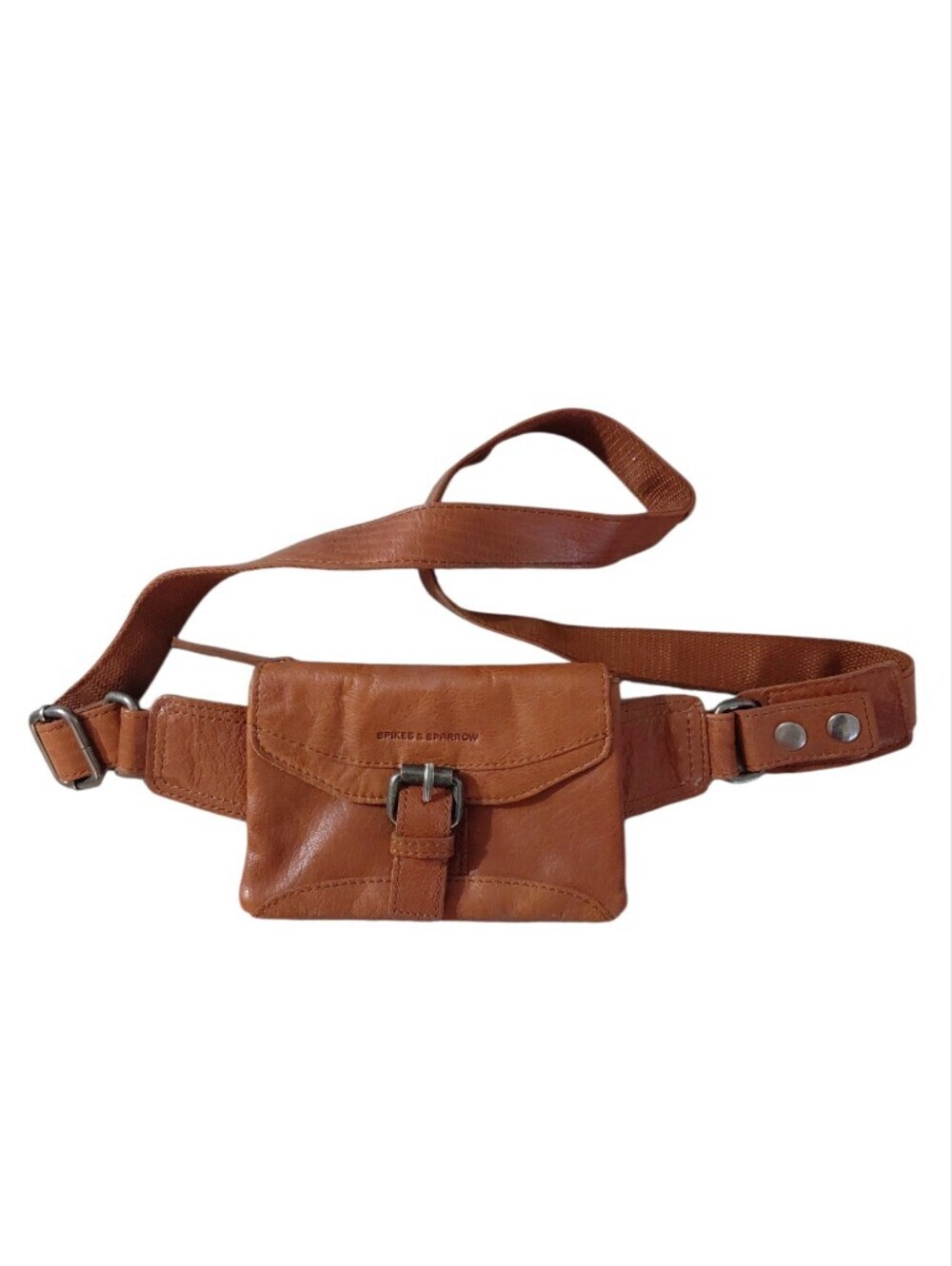 Tanned Congac Leather Belt Bag Waist Pouch with Buckled Flap